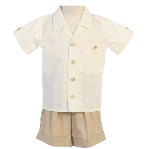 Lito Baby Boys Khaki White Poly Cotton Shirt Rayon Linen Shorts Set 3-24M - SophiasStyle.com
